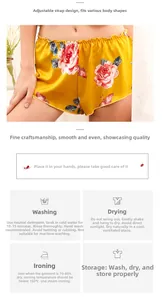 Détails du short de pyjama en satin jaune avec imprimé fleuri et bretelles réglables