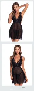 Detailed view of black lace patchwork and sheer mesh fabric on sexy lingerie dress
