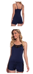 Ensemble de pyjama en modal bleu marine avec dentelle délicate et short à cordon