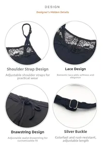Vue détaillée d'un ensemble pyjama noir avec bordure en dentelle et bretelles réglables