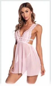 Close-up of pink lace mesh nightgown with deep V-neckline and floral embroidery