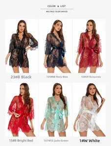 Collage of lace robes in six colors including red, black, and green on white background