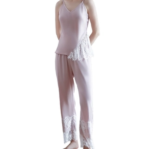 Women's two-piece faux silk pajama set with V-neck camisole and white lace detailing