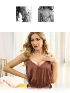 Close-up of elegant deep V-neck lace detailing and silk satin fabric on a brown bodysuit