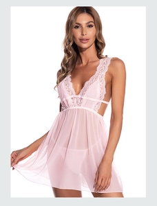 Detail of pink lace mesh lingerie nightdress with deep V-neck and delicate eyelash trim