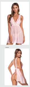 Detailed front and back views of pink lace and sheer mesh lingerie set for women