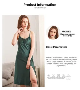 Detail specifications of a satin sleepwear dress with a high side slit and silk finish
