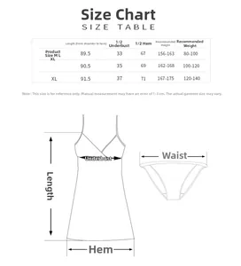 Size chart for silk slip nightgown showing length, chest, and weight guide in M to XL