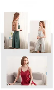 Three-color silk slip nightdresses in dark green, light green, and wine red with side slits