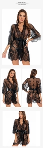 Close-up of black floral sheer lace robe with eyelash trim and satin waist belt