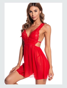 Close-up of red lace mesh babydoll nightgown with V-neck and wave edge detail