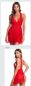 Detail of red lace mesh nightgown with sheer fabric, deep V-neck and open back design