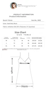 Tableau des tailles pour nuisette en dentelle col V avec mesures M, L, XL en rouge et noir