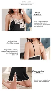 Detailansicht des schwarzen Satin-Nachthemds mit beigem Spitzensaum und Trägern
