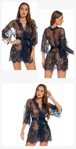 Detail view of navy blue floral lace sheer robe with eyelash trim and satin waist belt