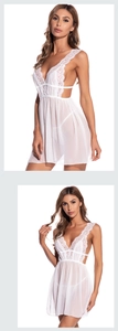 Detailed views of a white lace babydoll with sheer mesh, deep V-neck, and open back