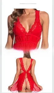 Detailed view of red eyelash lace lingerie set featuring deep V-neck and sheer mesh fabric