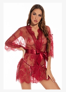 Detail of red floral sheer lace robe with eyelash trim and matching satin waist belt