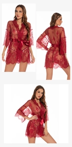 Detailed view of red semi-transparent lace robe with eyelash trim and satin bow tie
