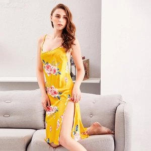 Silky yellow floral slip nightgown with high side slit for women loungewear