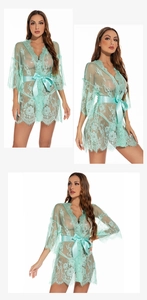 Detailed views of mint green sheer lace robe with eyelash trim and satin ribbon belt