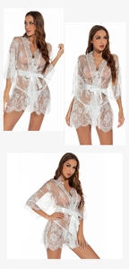 Detail of white sheer floral lace robe with eyelash trim and satin sash belt for women