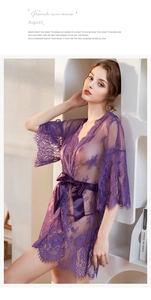 Detailed close-up of purple sheer floral lace robe with elegant eyelash lace trim cuffs