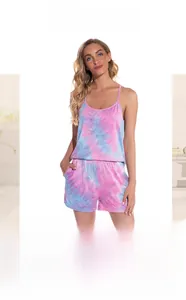 Detail of pink and blue tie-dye pajama set featuring a camisole and shorts