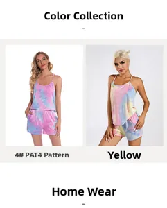 Two-piece tie-dye sleepwear set featuring camisole and shorts in blue and pink tones