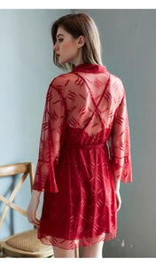 Detail view of red striped lace mesh robe with sheer tiered ruffles and matching belt