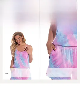 Detail view of tie-dye modal cotton pajama set featuring side pockets and round neckline