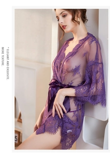 Detail of purple floral lace sheer robe featuring elegant silk texture waist tie