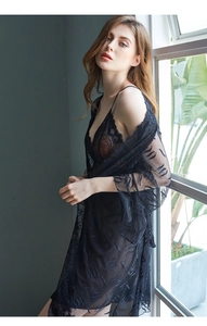 Detailed view of black lace floral pattern on a sexy sheer robe and slip dress set