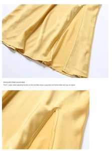 Detailed view of ginger gold satin nightgown featuring a high slit and adjustable straps