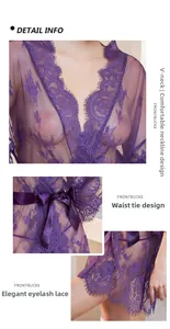 Detail view of purple lace lingerie robe featuring eyelash trim and satin waist tie