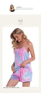 Detail showing colorful tie-dye modal cotton tank top and shorts set for women home wear