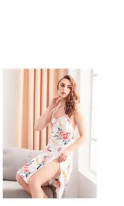Detail of white satin nightgown with red rose print and sexy side split design
