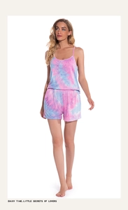 Close-up of pink and light blue tie-dye modal cotton pajamas set with straps and shorts