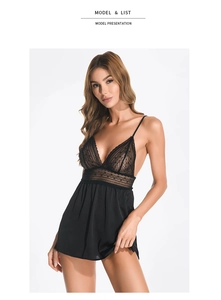 Detailed view of black silk nightgown with exquisite floral lace and deep V-neckline