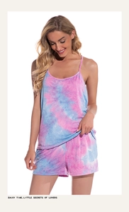 Women's modal cotton pajama set featuring a pink and blue tie-dye camisole and shorts