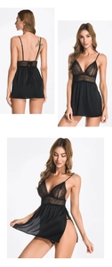 Detailed view of black lace patchwork sexy nightgown with deep V-neck and mesh hem