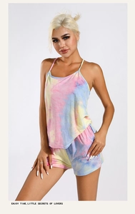 Detail of colorful tie-dye modal cotton pajama set showing camisole top and elastic shorts