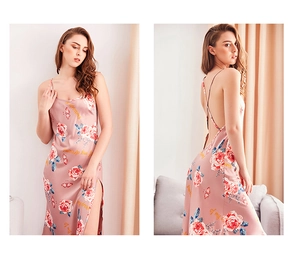 Detail of pink floral satin nightgown featuring lace-up open back and side slit design