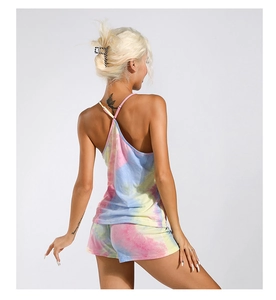 Detail of colorful tie-dye pajama set featuring spaghetti straps and backless design
