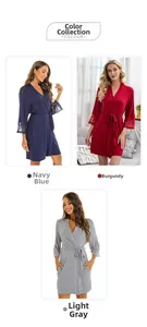 Lace sleeve cuff detail on women modal robes in navy blue, wine red and light grey