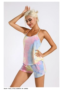 Close-up of vibrant tie-dye modal cotton pajama set showing camisole top and shorts details