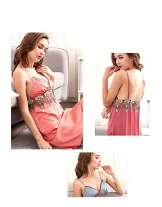 Detail view of French silk satin nightgown with floral lace stitching and deep V neck