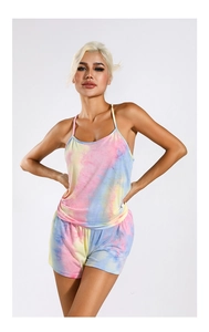 Detail view of women tie-dye modal pajamas set featuring V-neck camisole and elastic shorts