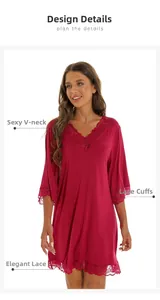 Detail view of burgundy modal nightgown featuring lace V-neckline and elegant sleeve trim