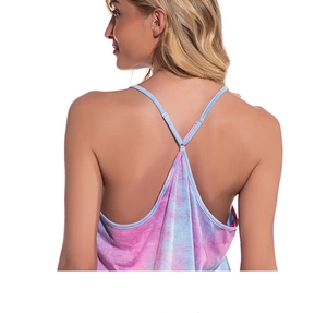 Detail view of tie-dye camisole with thin Y-shape cross straps and open back design